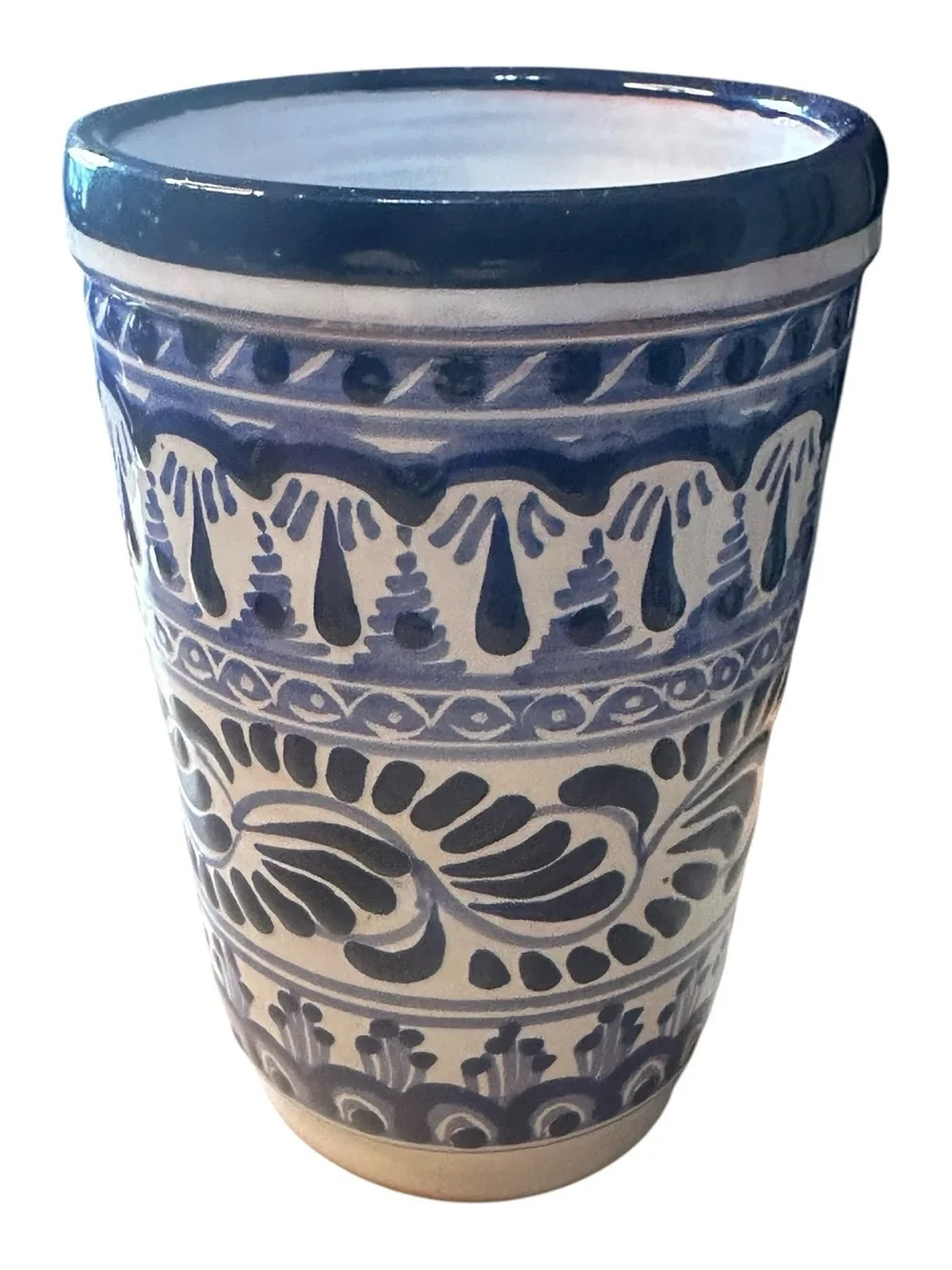 Mexican Pottery Cup Vase Hernandez Puebla Mexico Blue White Hand Painted 5.5”